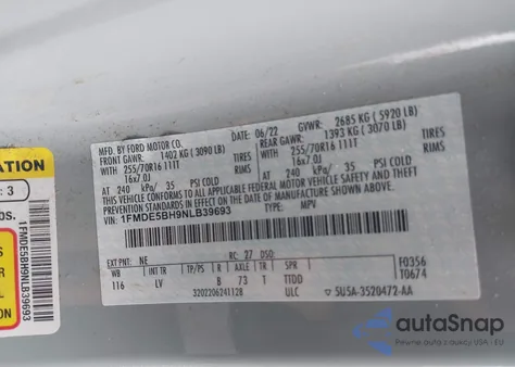 2022 Ford Bronco z USA, uszkodzony, nr VIN 1FMDE5BH9NLB39693